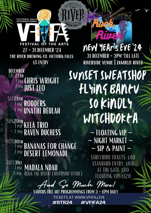 Artist lineup for the innaugural Victoria Falls International Festival of the Arts, happening in December 2024 in Victoria Falls, Zimbabwe