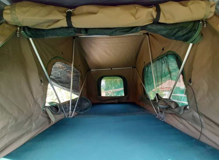 Inside a rooftop tent hired out by Victoria Falls 4x4 Rentals in Zimbabwe