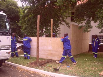 Workmen beginning the refurbishment at the Stables Wing 