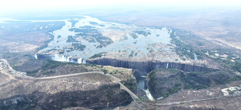 Victoria Falls during the low-water season with exposed rock