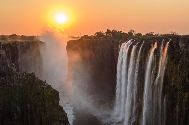 The Victoria Falls at sunset, taken from the Zambia side of the Falls