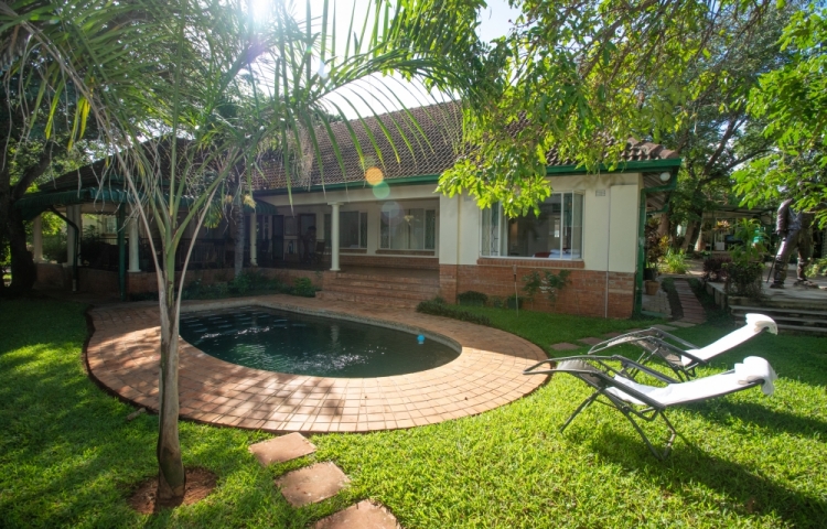 Lucious green garden and sparkling pool