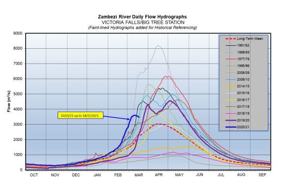 Zambezi River daily flow at Big Tree Station in Victoria Falls March 18th 2021