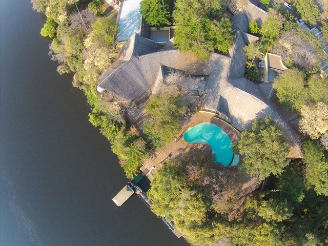 Aerial view of Chobe Safari Lodge right by the Chobe River