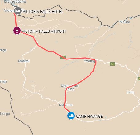 Itinerary route starting from Hwange and ending in Victoria Falls
