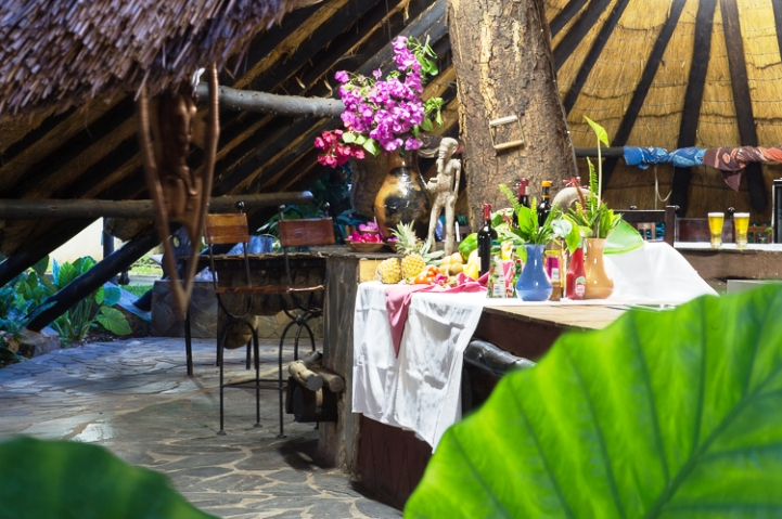 Inside the thatched restaurant