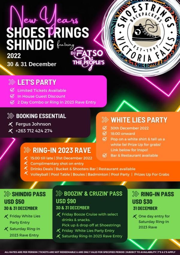 New Years Shindig on 30th and 31st December 2022 at Shoestrings Backpackers Lodge, Victoria Falls, Zimbabwe