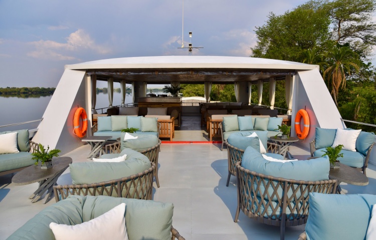 The top deck of the luxurious Zambezi Explorer on the river in Victoria Falls, Zimbabwe